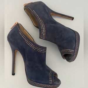 Jimmy Choo Copper and Silver Suede Studded Peep-Toe Bootie Heels